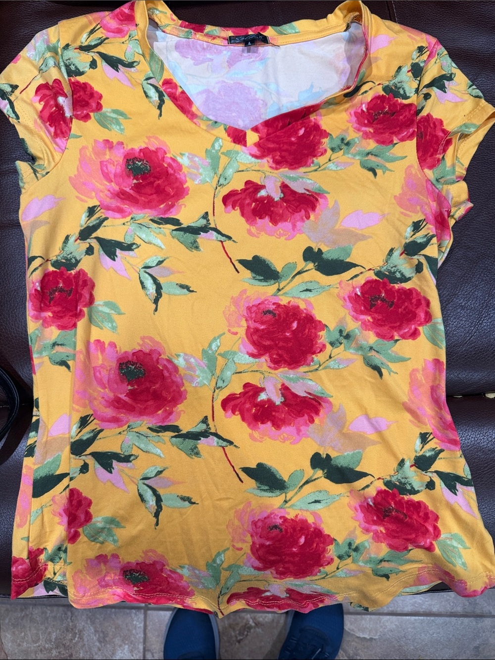 Splash Yellow V-Neck Top with Pink-Red Floral Print